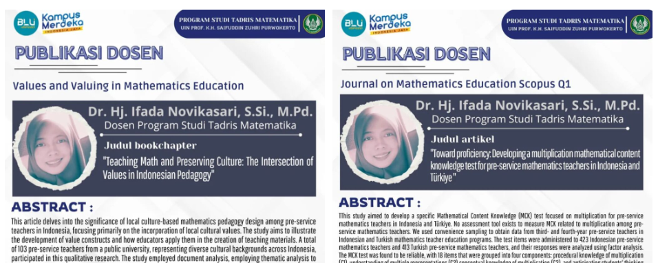 Ifada Novikasari, Dosen Program Studi Tadris Matematika Publikasi Artikel di Jurnal Scopus Q1 dan Publikasi Bookchapter